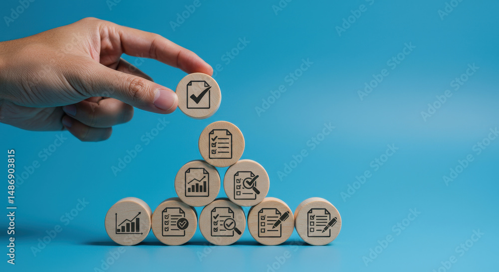 Poster process success: hand building a document workflow pyramid with checklist icons on wood blocks. stre