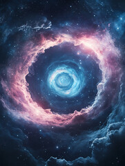 Cosmic swirl of pink and blue nebulae. A mesmerizing celestial dance of light and color in the vast expanse of space.