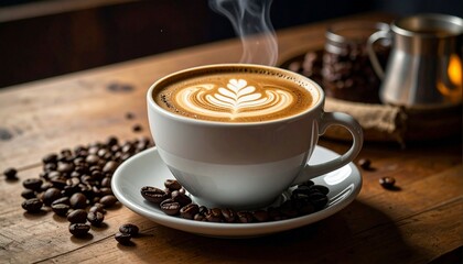 coffee late with late art and bean coffee at table