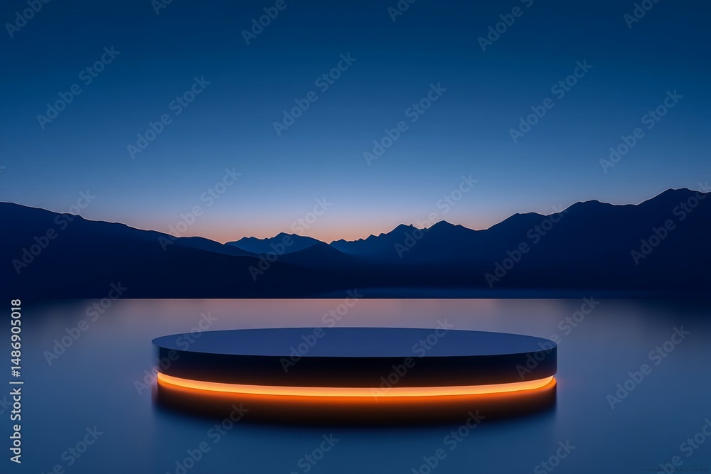 Poster serene twilight over circular platform with glowing light on lake surrounded by mountains
