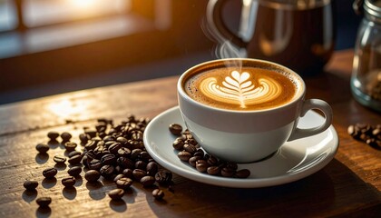 coffee late with late art and bean coffee at table