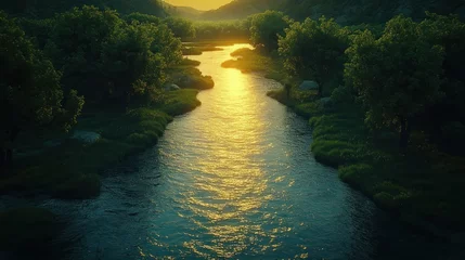 Gardinen Serene river winding through lush forest at golden hour © dewi