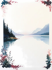 Serene landscape painting featuring a tranquil lake surrounded by mountains and framed by delicate floral elements. Peaceful and dreamy.