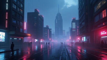 Futuristic Cyberpunk City Street at Night with Neon Lights and Foggy Rain