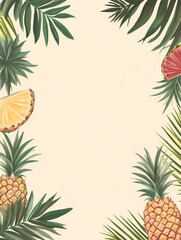Tropical fruit border with pineapples and palm leaves on a beige background.  Perfect for summer designs!