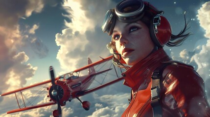 Fototapeta premium A woman in a red leather jacket and goggles stands confidently in front of a red biplane, gazing directly at the viewer.