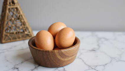 Celebrating World Egg Day, Fresh Organic Eggs in Wooden Bowl on Marble Table with Copy Space, Healthy Food, Breakfast Concept, Farm to Table, Nutrition