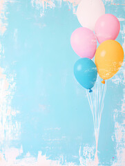 Pastel-colored balloons float against a light blue, textured background. A cheerful and festive image perfect for celebrations.