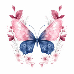 Watercolor painting of a delicate butterfly with pink and blue wings, surrounded by blush pink flowers and leaves. Perfect for spring and summer themes.