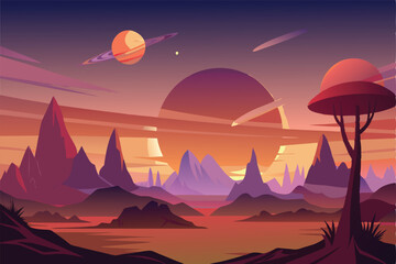 Ethereal Sunset Silhouette of an Alien World with Celestial Majesty