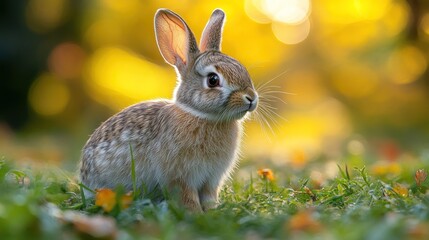 Adorable Bunny in Autumn Meadow: A Golden Hour Portrait