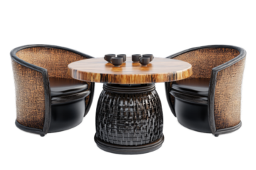 Elegant wooden table and two woven chairs