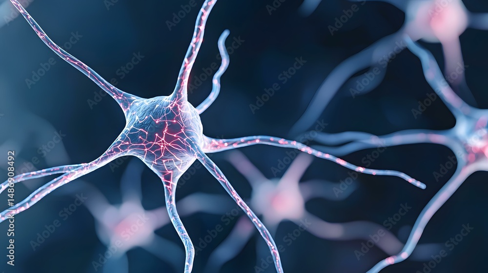 Poster the image shows a detailed close-up of neurons, with their branching axons and glowing synapses, ill