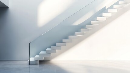 Obraz premium Modern minimalist white staircase with glass railing sunlight illumination