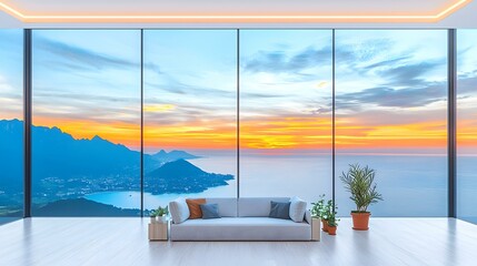 A minimalist living room with floor-to-ceiling windows showcasing a breathtaking sunset over a coastal mountain range and ocean, features a light grey sofa, and potted plants.