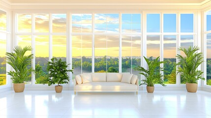 A bright, minimalist room features a cream-colored sofa, large potted plants, and expansive windows showcasing a picturesque sunset over a verdant landscape.