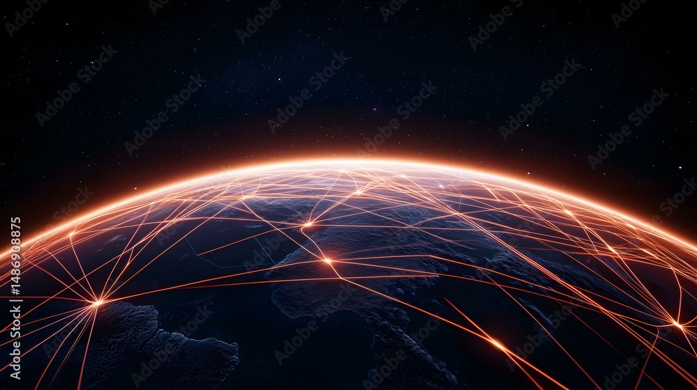 Poster the image shows a stylized depiction of earth at night, with glowing orange lines connecting various
