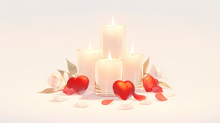 Romantic still life featuring four lit candles, red hearts, and delicate white roses. A peaceful and loving scene.