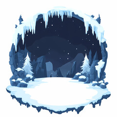 Enchanted winter scene: A whimsical illustration of a snowy landscape under a starry night sky, nestled within an icy cave.