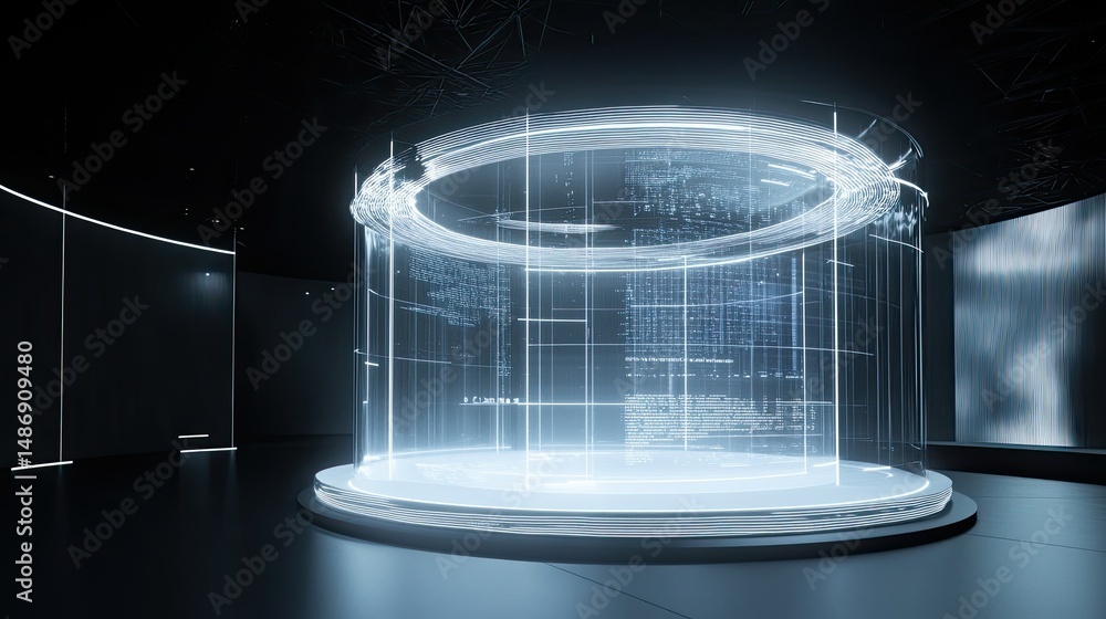 Poster futuristic server room with holographic data projection and network hub