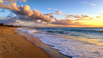 Beautiful beach scene with golden sand, crashing waves, sunset sky, blue clouds, and small wave rolling onto shore creating tranquil romantic atmosphere.