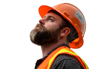 Portrait of a construction worker wearing helmet and looking up, isolated on white or transparent background