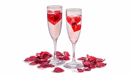 Two champagne flutes filled with a pink beverage and red heart-shaped ice cubes. Rose petals surround the base of the glasses, creating a romantic atmosphere.