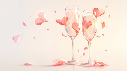Romantic champagne flutes with floating hearts and petals. Perfect for Valentine's Day or anniversary celebrations.