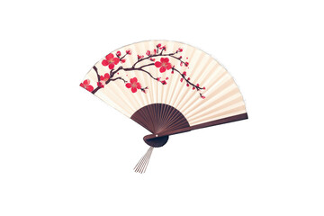 Elegant hand fan with cherry blossom design, beige background, dark wood handle, and tassel
