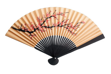 Beige hand fan with black trim and delicate cherry blossom design