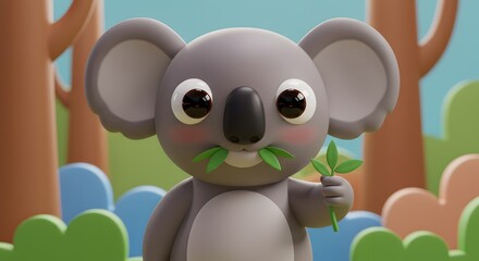 Cartoon Koala Eating Leaves in a Forest Setting
