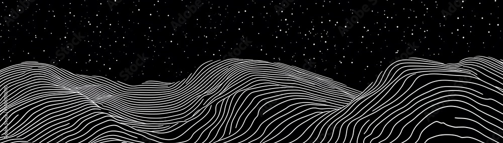 Poster abstract representation of layered, undulating terrain.