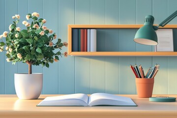 Inviting Home Office Workspace With Modern Decor, Plant, Books, And Supplies Set Up For Online Presentations In Bright Atmosphere