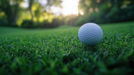 Obraz premium Golf Ball on Lush Green Grass Scenic Sunset Background Sport Recreation