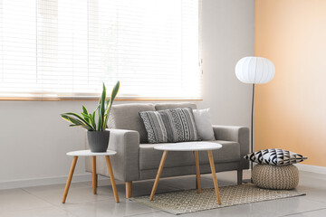 Interior of living room with sofa, table, lamp and houseplant