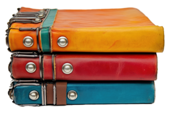 Stack of three leather-bound journals in vibrant hues