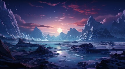 Majestic Winter Wonderland: A Serene Sunset Over Frozen Peaks