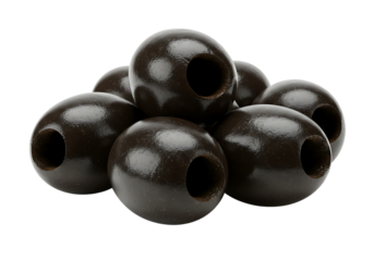 Pile of pitted dark olives on a black background demonstrating food and culinary concepts