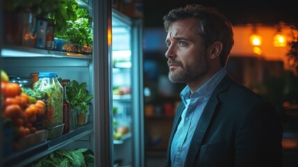 Man Contemplating Late-Night Refrigerator Snacks