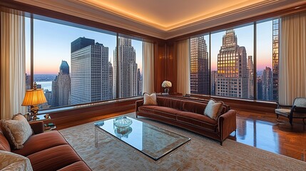 Luxury penthouse living room with panoramic city views