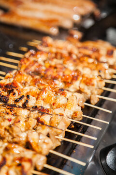 Row of chicken kebabs cooking on the barbecue