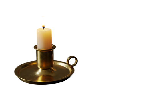 Lit candle in a golden candlestick against a black background isolated