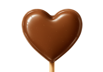 A delicious heart shaped chocolate lollipop on a wooden stick against a black background
