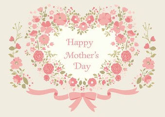 Minimalist Happy Mother's Day card with heart-shaped floral wreath of pink carnations, elegant pastel background and delicate ribbon accent