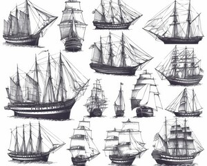 Minimalist black line art of Golden Age sailing ships collection, clean vector illustration with simple strokes on white background