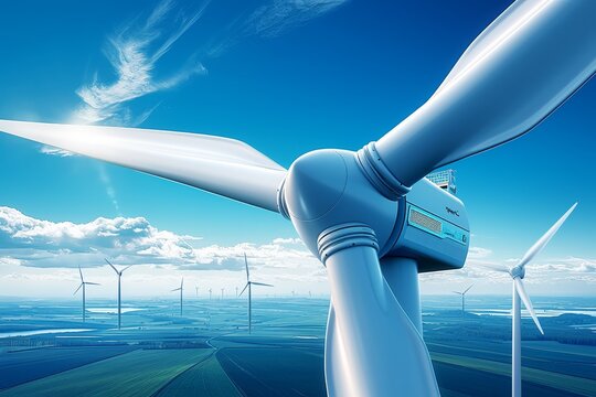 Extreme close-up of wind turbine white blades against blue sky, photorealistic green energy concept with cinematic volumetric lighting, IMAX-quality detail