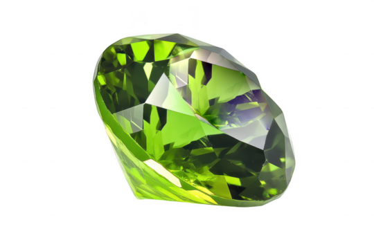 Lush green peridot gemstone with exquisite faceted cut reflecting vivid shine and natural brilliance isolated on a transparent background