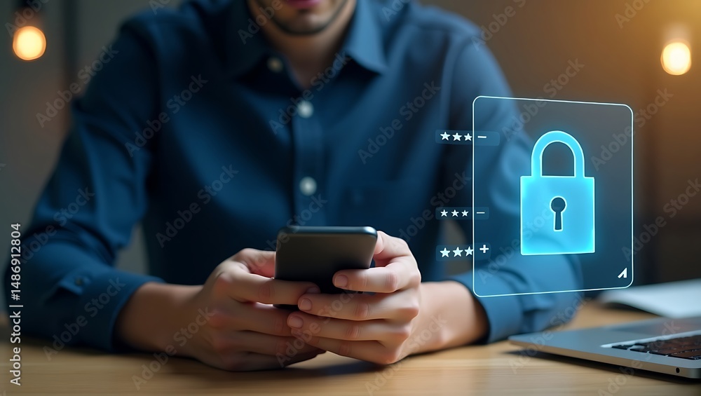 Aufkleber person using a smartphone with a digital padlock symbol representing data protection and security