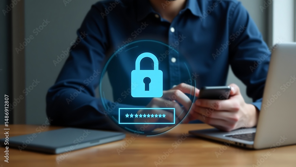 Poster person using smartphone with digital security lock icon indicating data protection