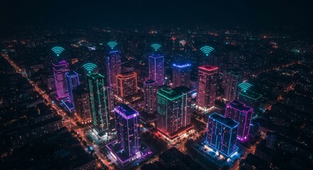 Obraz premium Aerial Night View of Illuminated City Buildings